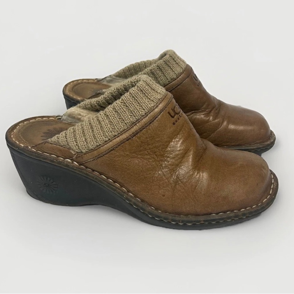 Ugg Clogs Women 7 Gael Brown Leather Slip On Mules Shearling Wedges Casual Soft